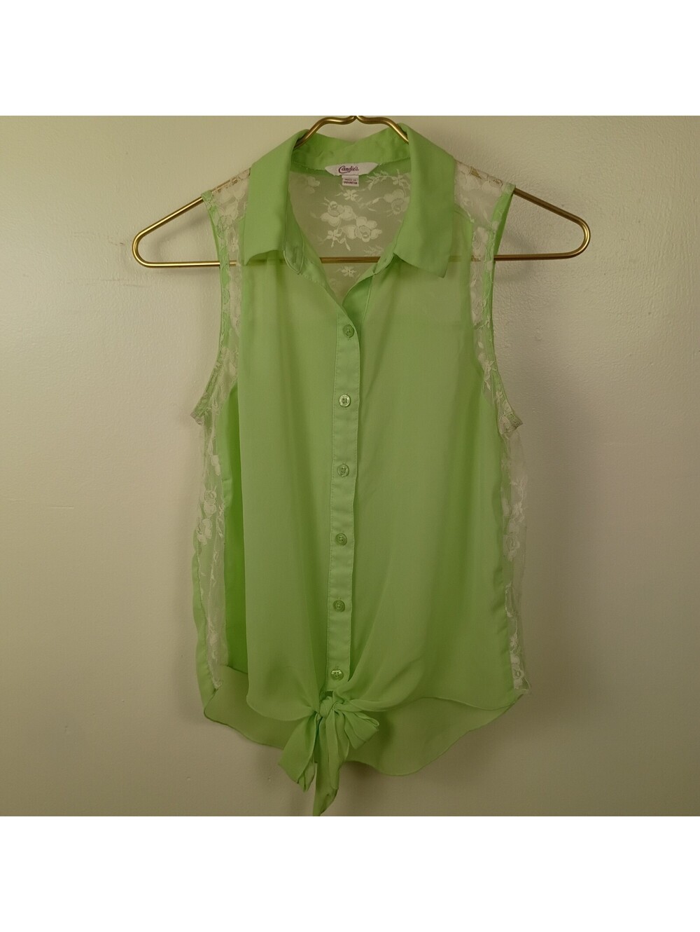 Candie's Women Mint Green Lace Back Tie Front Sleeveless Blouse Button Top Small